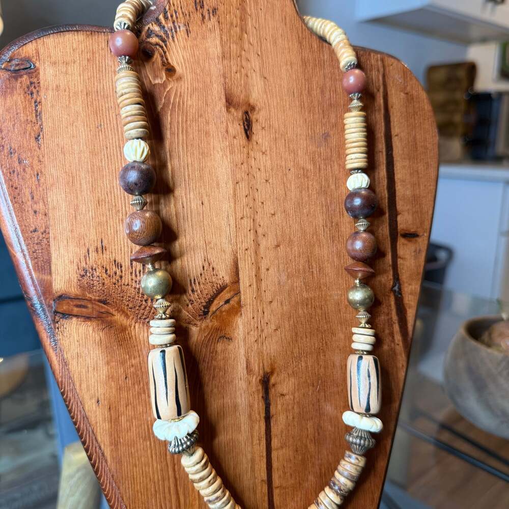 Vintage Boho Tribal Necklace | Wood, Bone & Brass Beads | Earthy Statement